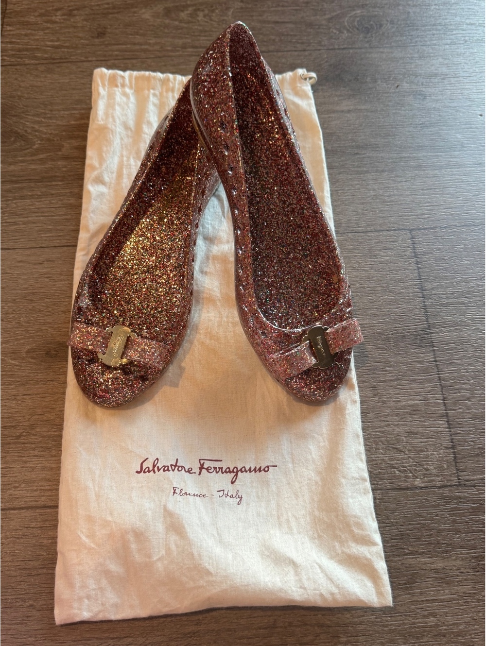 Salvatore Ferragamo Pink Glitter Ballet Flats with Bow